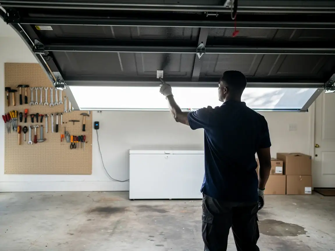 A technician in a blue shirt is inspecting the inside of an open garage door.