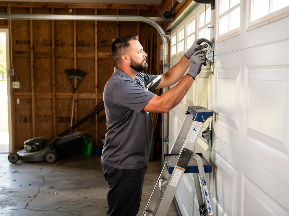 A technician on a ladder adjusts a roller on a white garage door.