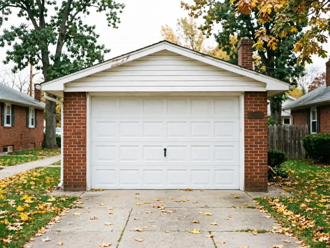 A white garage door on a brick garage with a concrete driveway.